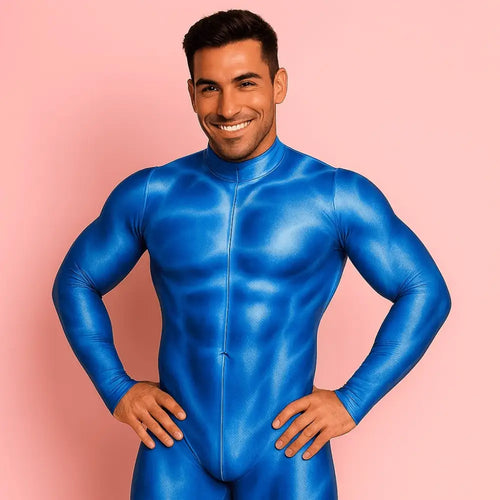 Man wearing a blue bodysuit against a pink background
