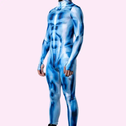 Person wearing a blue bodysuit with a textured black background