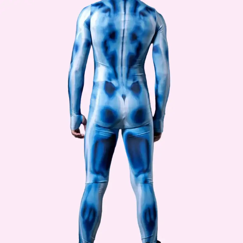 Person wearing a blue bodysuit with a black background