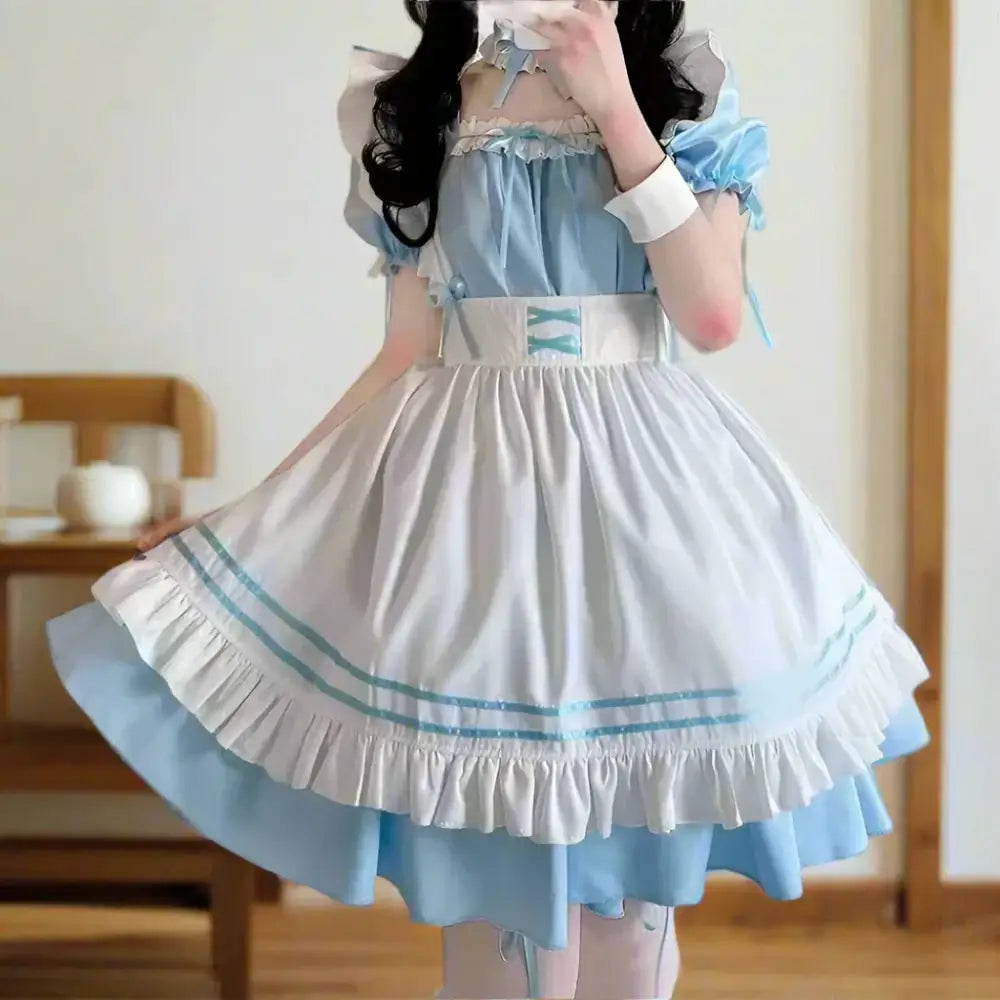blue and white maid dress Elainilye Fashion Womens Maid Uniform Suit Plus Size Pure French Maid Dress Short Sleeve Square Neck Dress,Blue, Women's, Size: 3XL(US:14)