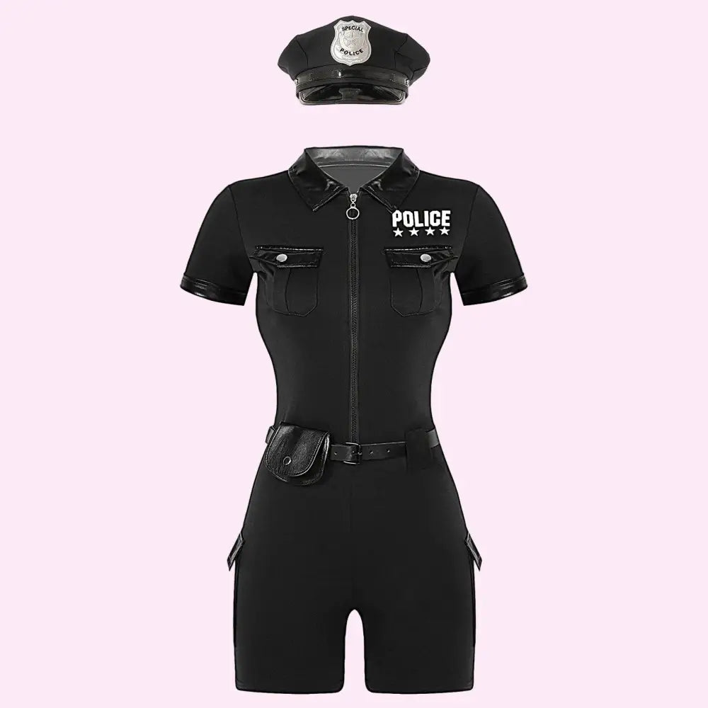 Black police-themed romper with cap on a white background