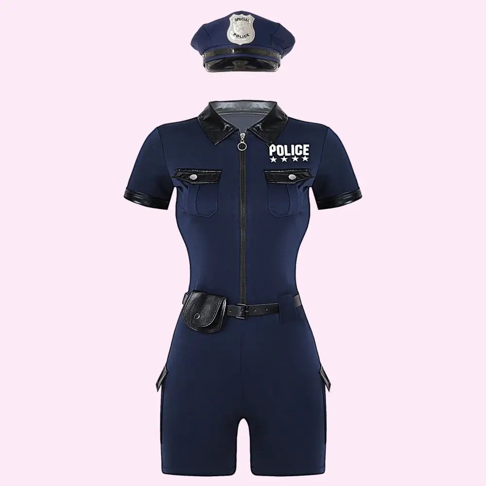 Navy blue police uniform with hat on a white background