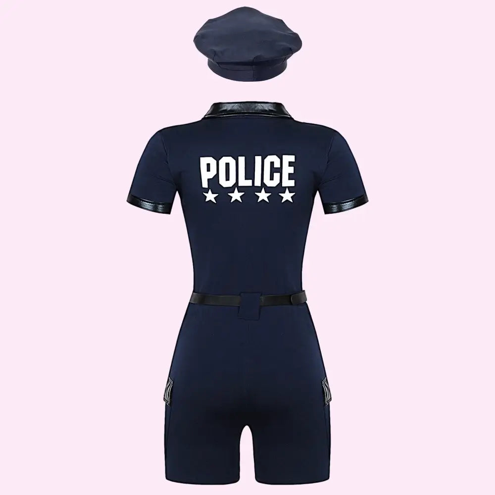 Navy blue police uniform with 'POLICE' text on a white background