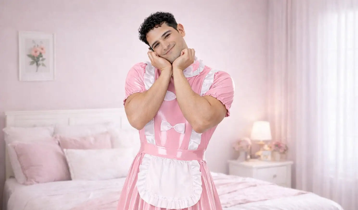 Man wearing a pink maid outfit in a bedroom setting
