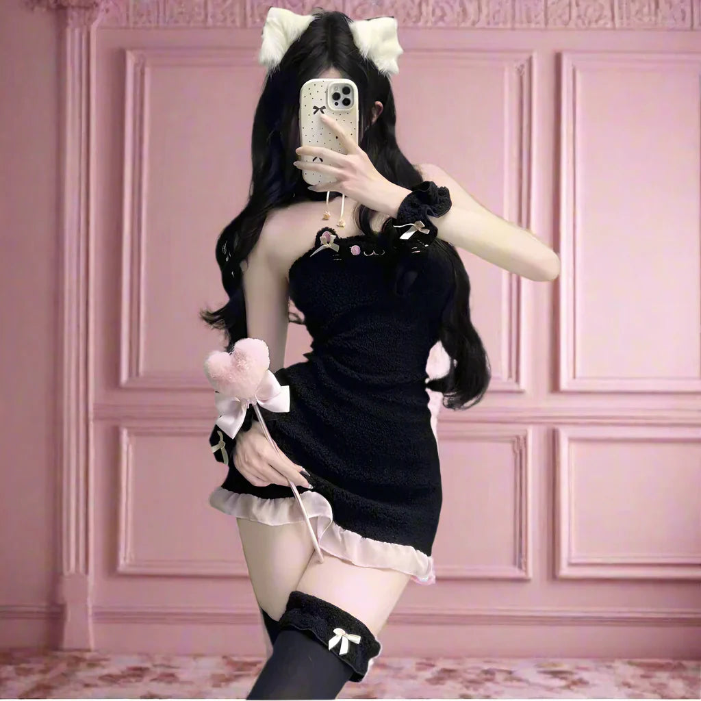 Cute Black Cat Plush Maid Outfit - Black / One Size - Outfit
