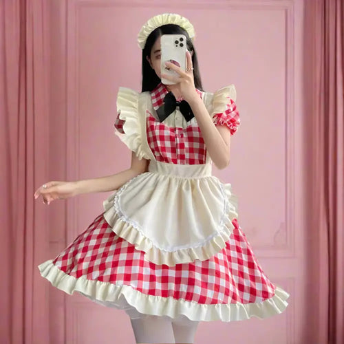 Cute Red Checkered Maid Outfit - Outfit