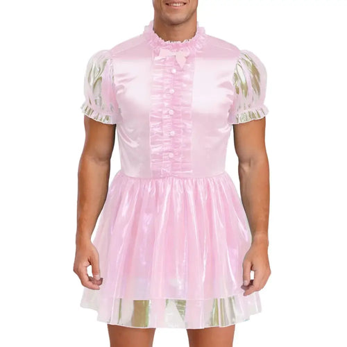 Man wearing a pink dress with white trim on a white background