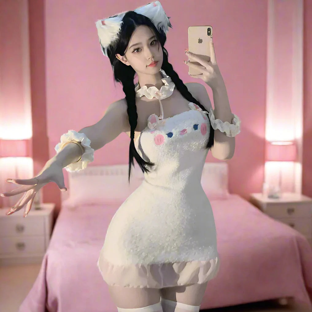 Cute White Cat Plush Maid Outfit - White / One Size - Outfit