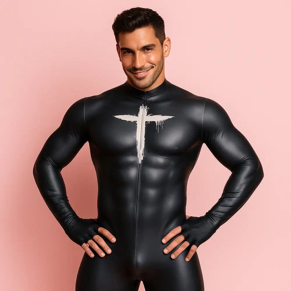 Man wearing a black bodysuit with a white design on a pink background