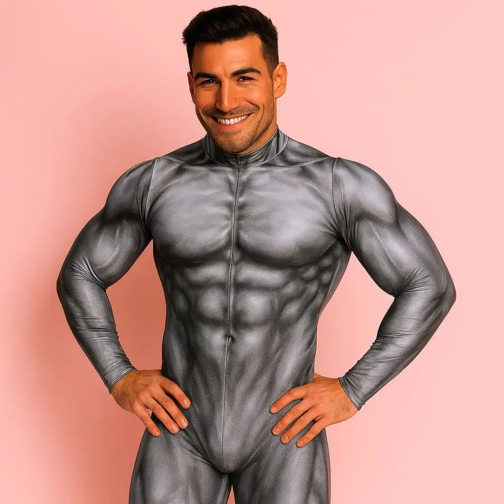 Man wearing a silver bodysuit against a pink background
