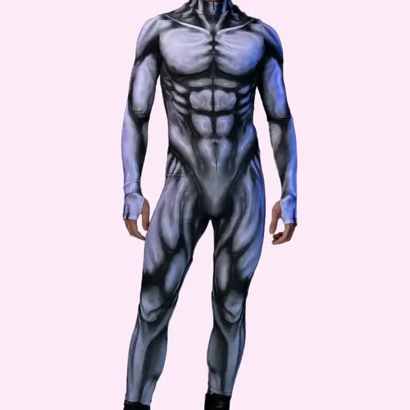 Muscle-themed bodysuit with blue and gray design on a light pink background