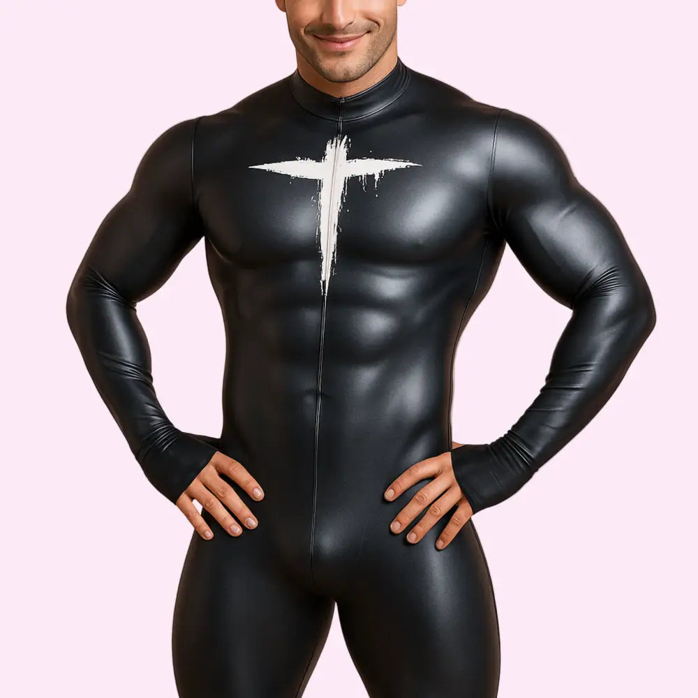 Person wearing a black superhero costume with a white emblem on a pink background