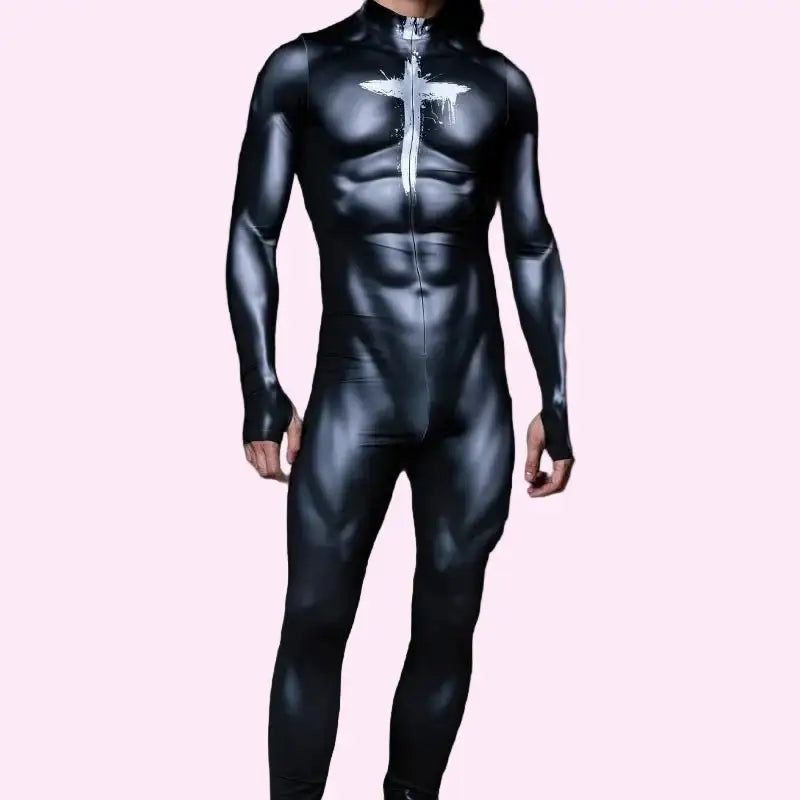 Black bodysuit with a white design on a pink background