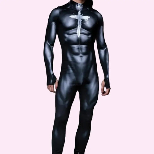 Black bodysuit with a white design on a pink background