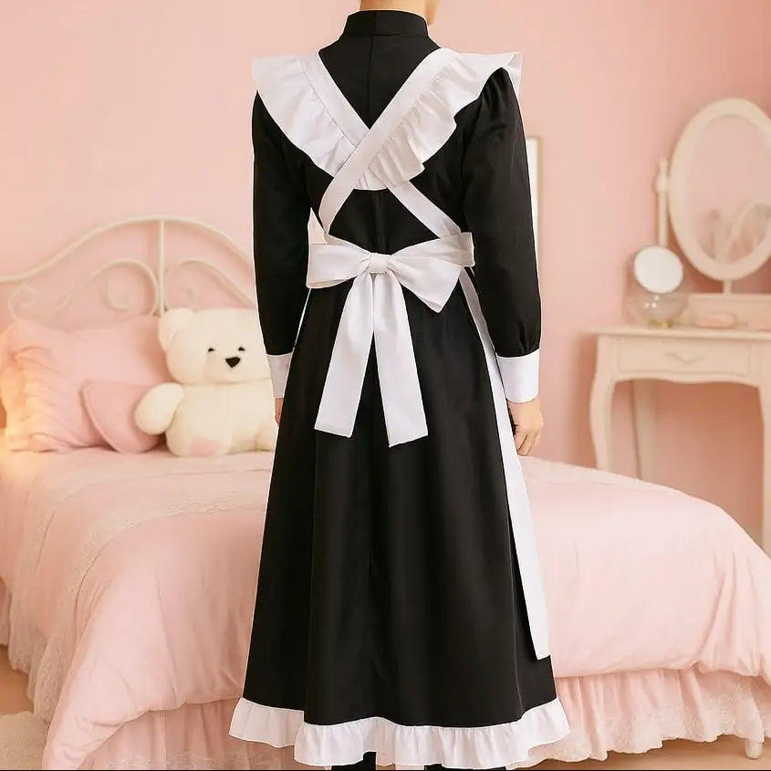 Woman wearing a black and white maid outfit in a pink bedroom.