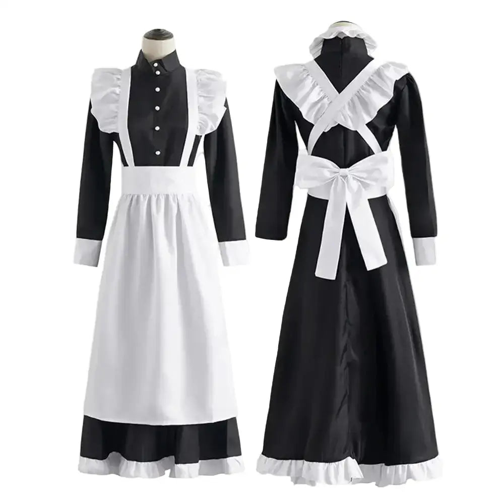 Two black and white maid costumes on mannequins against a pink background