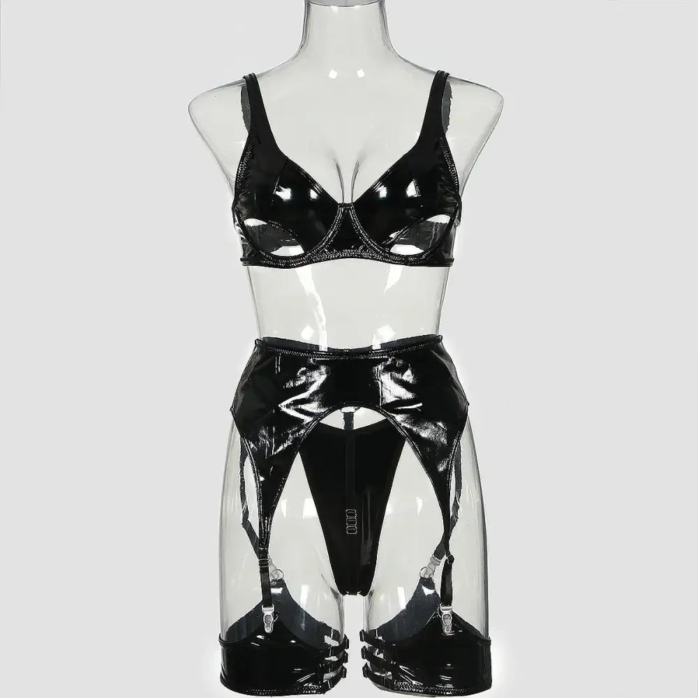 Ellolace Fetish Pvc Lingerie Sissy Cup Out Bra Leather PU Sensual Underwear Uncensored Latex Push Up Exotic Outfits