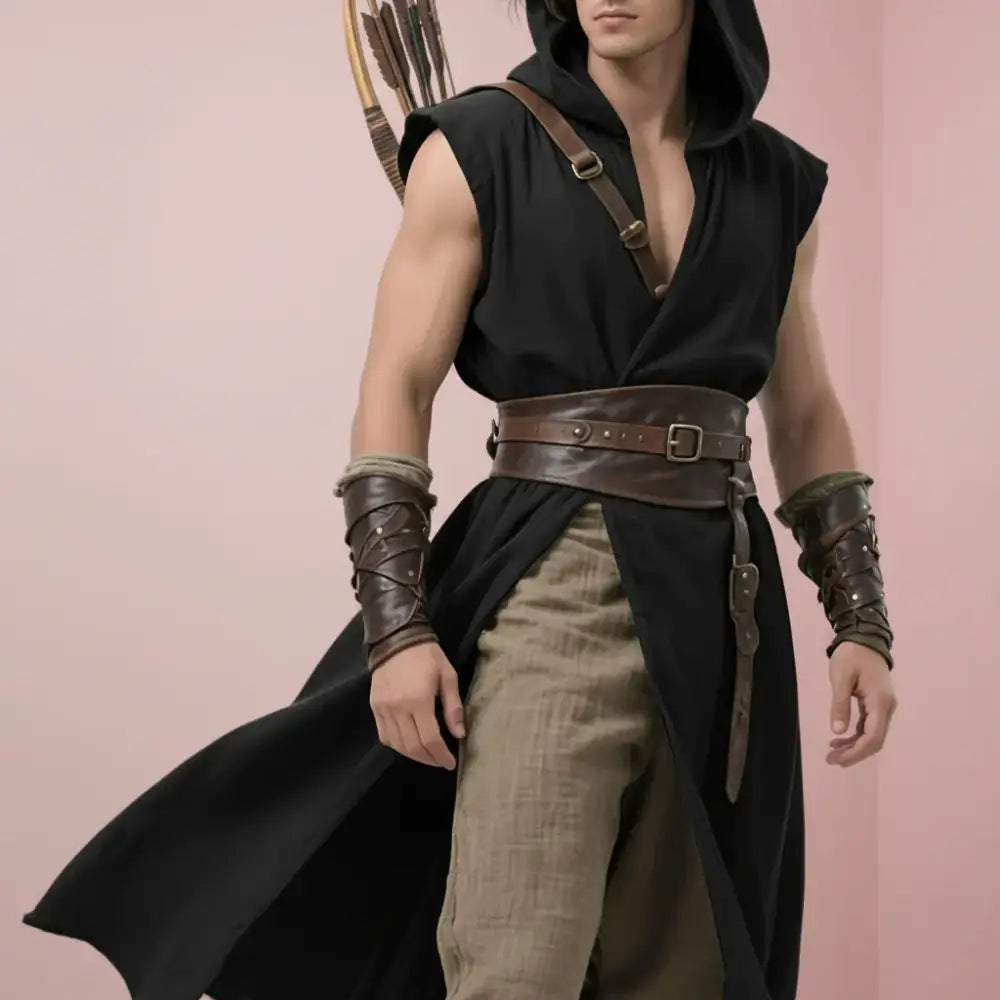 Man in a hooded outfit with a bow and arrows on a white background