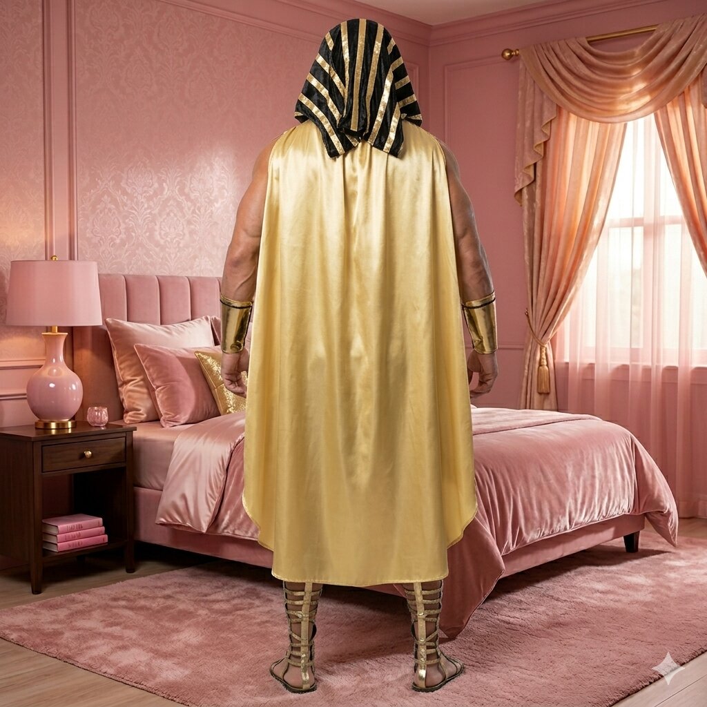 Man in a yellow cape and headscarf standing in a bedroom with pink walls and furniture.
