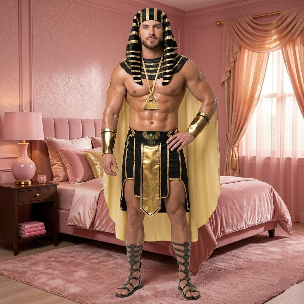 Man in Egyptian costume standing in a bedroom with pink walls and furniture.