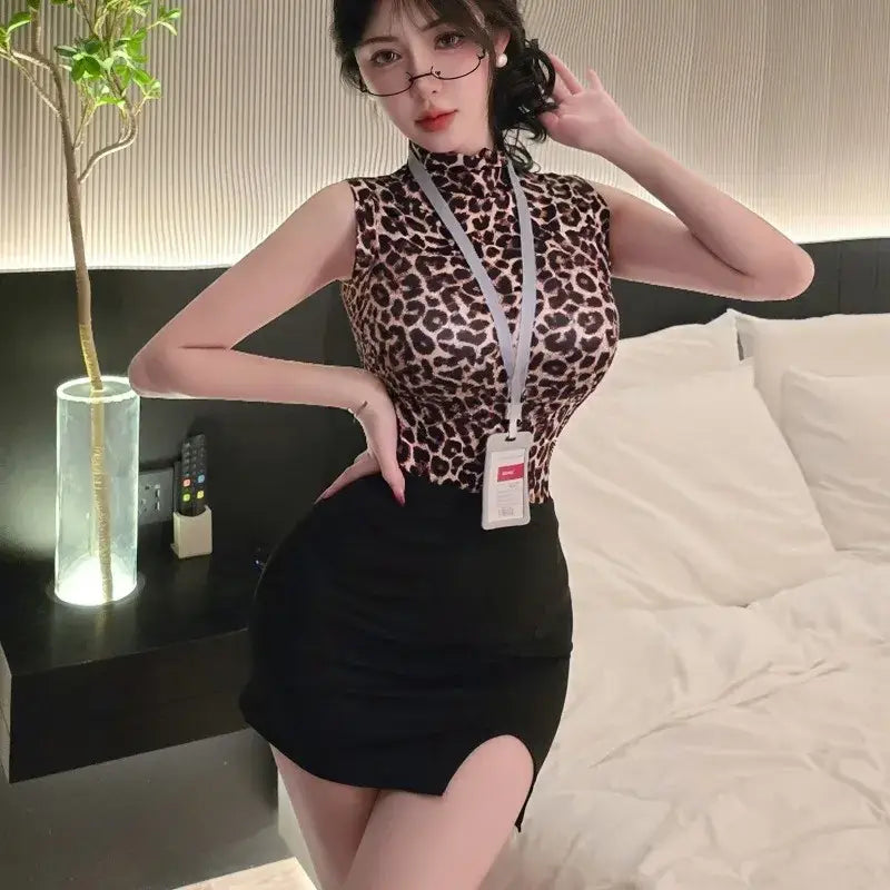 High Waisted Sexy Secretary Outfit - Small / Leopard - Outfit Sets