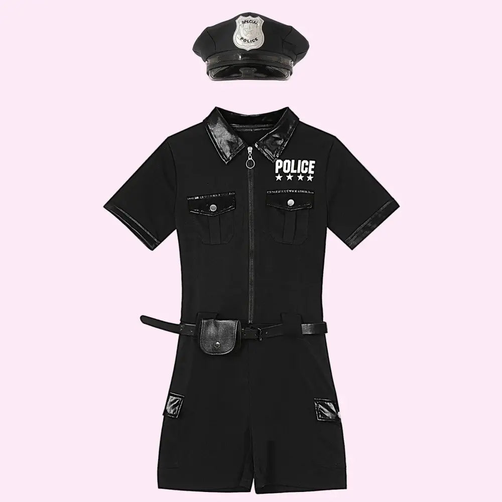 Black police-themed romper with hat on a white background