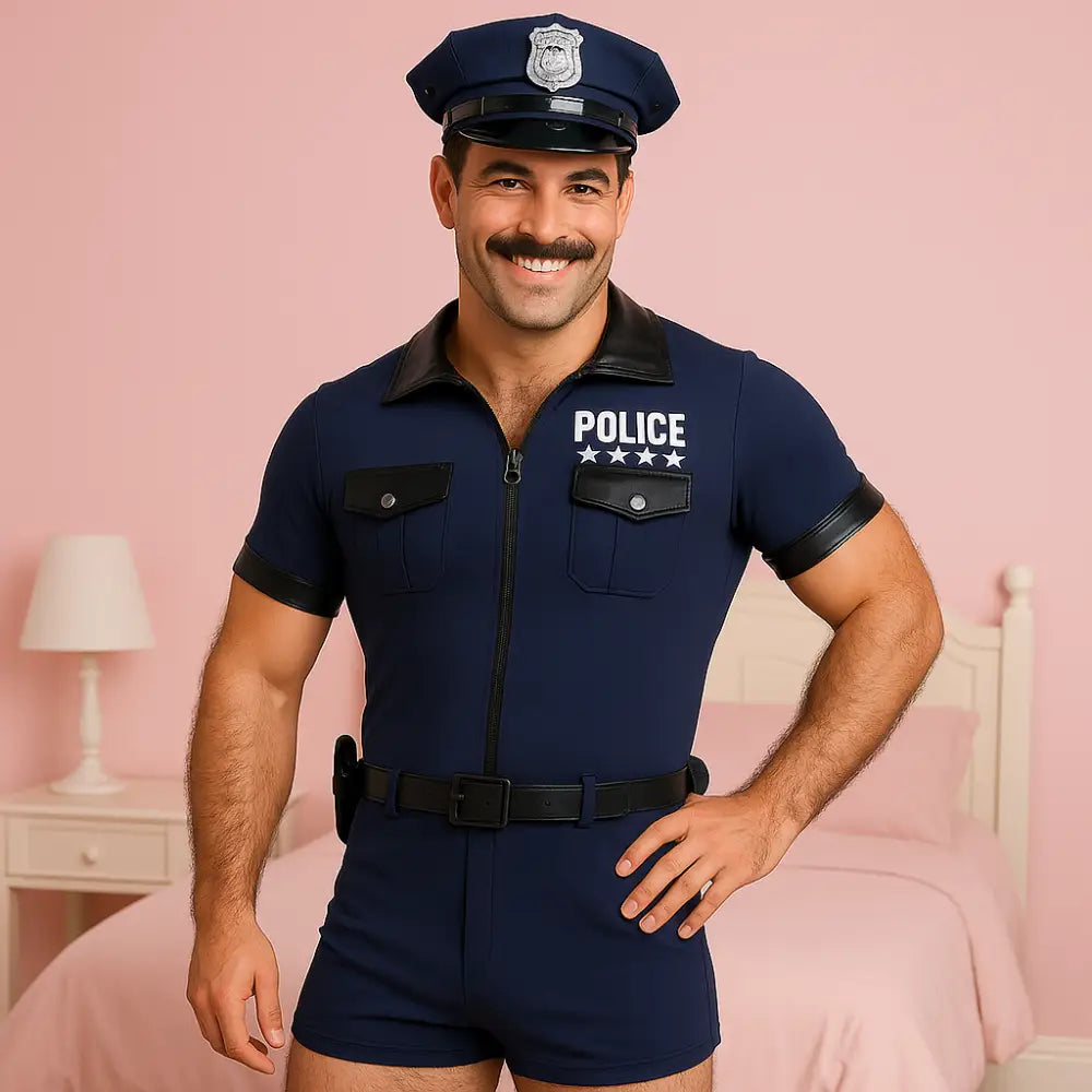 Man wearing a police-themed romper with a pink bedroom background
