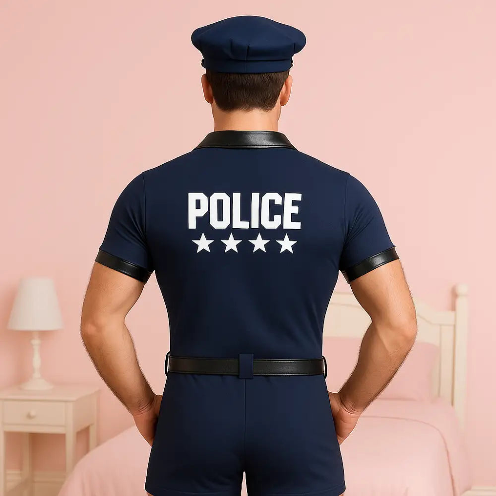 Person wearing a navy police uniform with 'POLICE' and star insignia on a pink background