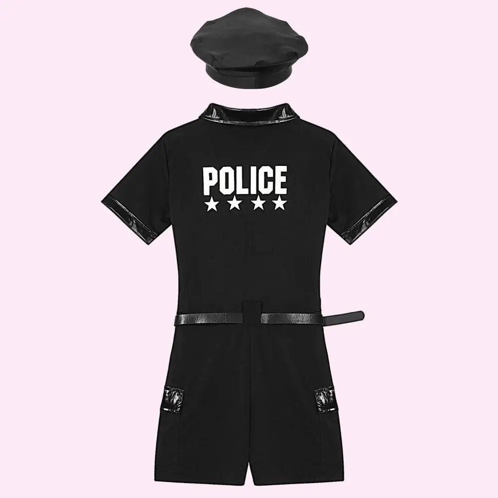 Black police costume with 'POLICE' text on a white background