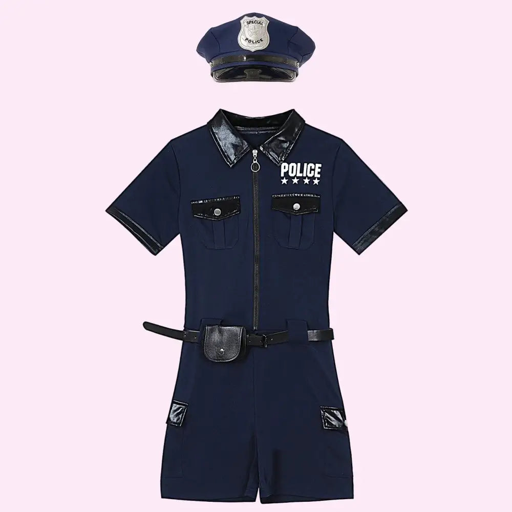 Children's police uniform with navy blue jumpsuit and hat on a white background