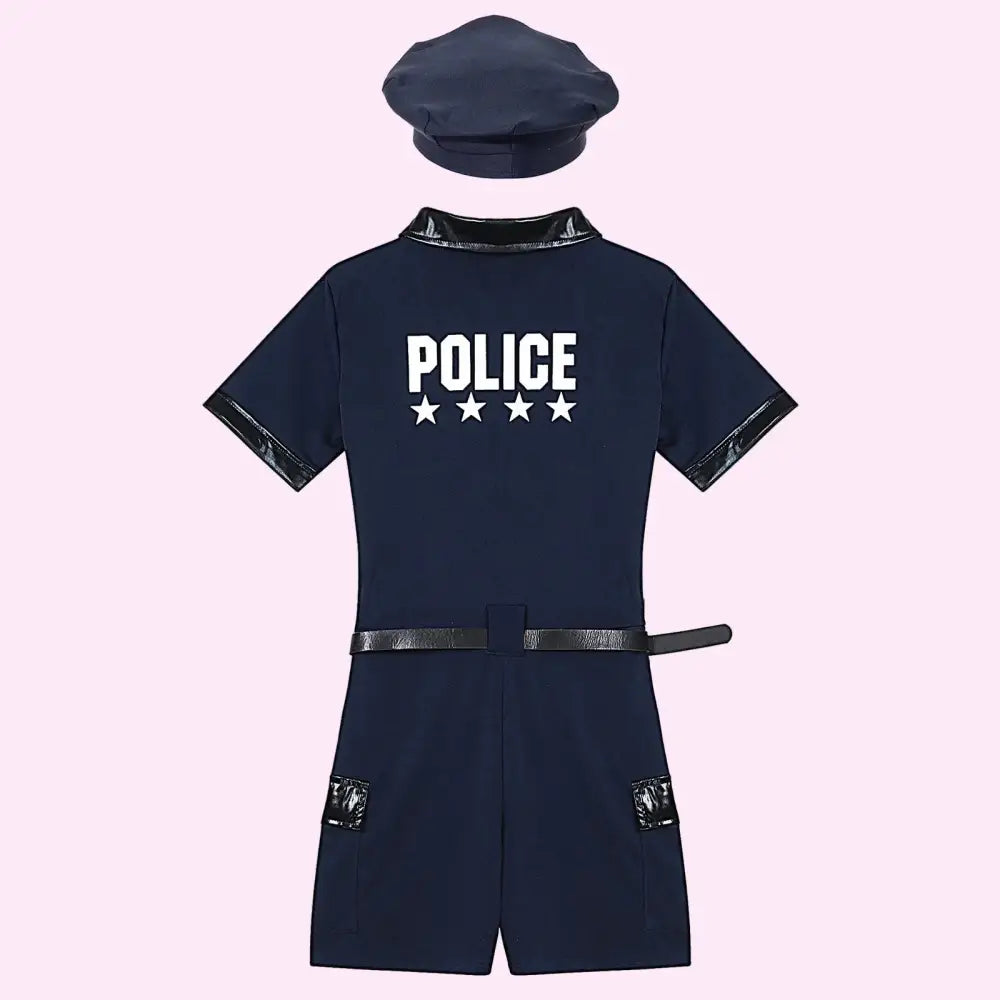 Children's police costume with shirt, shorts, and hat on a white background