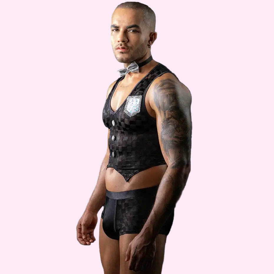 JSY Sexy Waiter Cosplay Lingerie Men Underwear Plaid Top and Pants Bow Erotic Lingerie Porno Costumes Sexy Maid Role