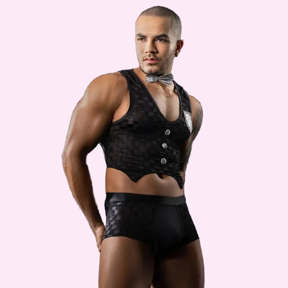 JSY Sexy Waiter Cosplay Lingerie Men Underwear Plaid Top and Pants Bow Erotic Lingerie Porno Costumes Sexy Maid Role