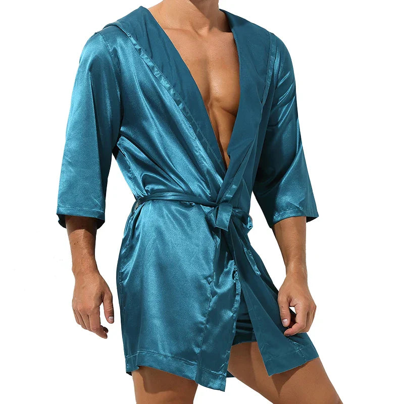 Men’s Sleepwear Robe Night Clothes Silk Kimono Bathrobe Men Hooded Szlafrok Pajamas Peignoir Sleeve Ropa Sexy Hombre