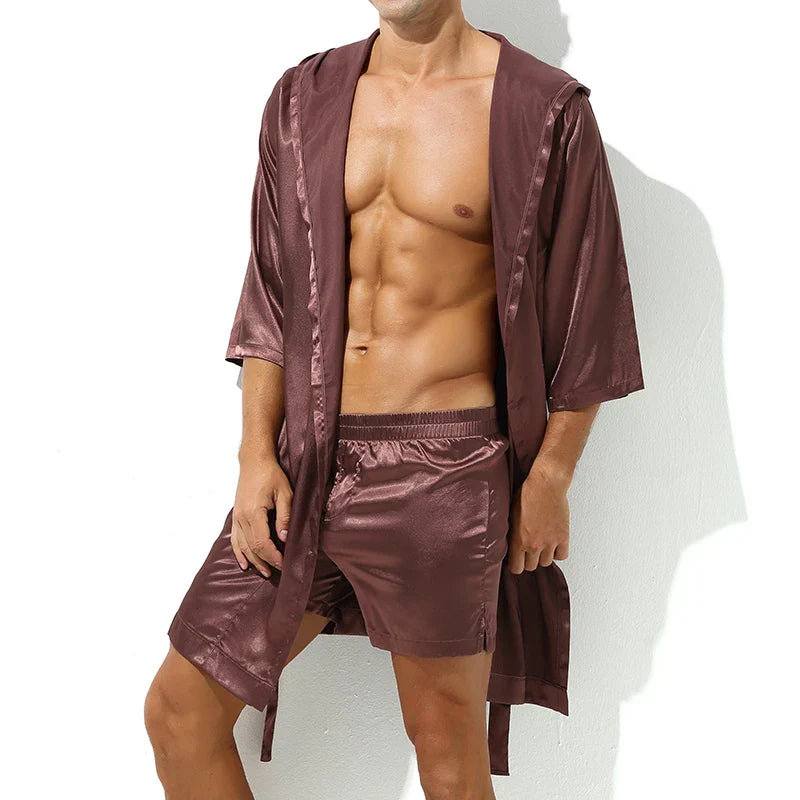 Men’s Sleepwear Robe Night Clothes Silk Kimono Bathrobe Men Hooded Szlafrok Pajamas Peignoir Sleeve Ropa Sexy Hombre