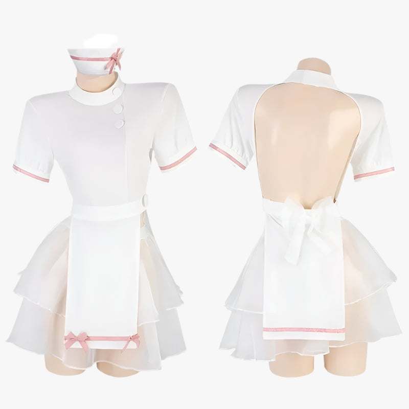 Uniforme d'infirmière sexy Cosplay femmes doux nœud creux dos robe blanche tenues ensemble transparent cadeaux de lingerie de Saint Valentin