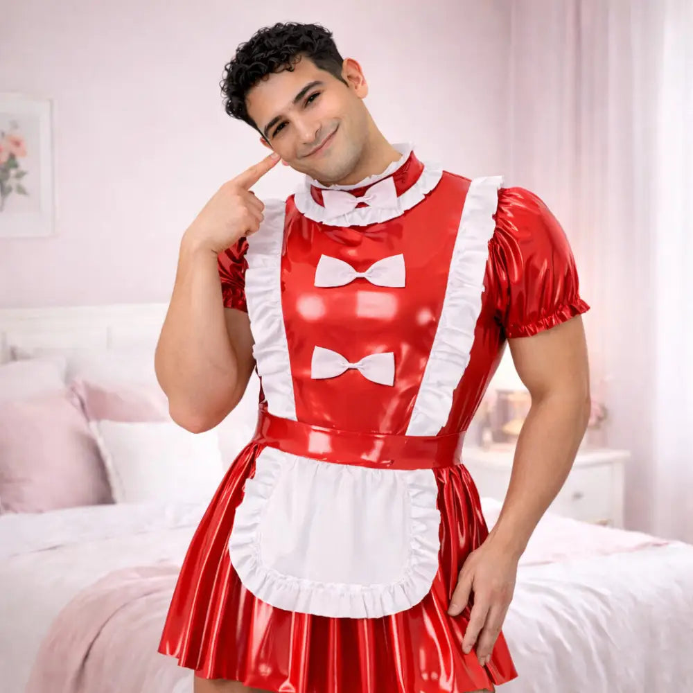 Male Glossy Apron Dress Outfit - Red / L - Outfit