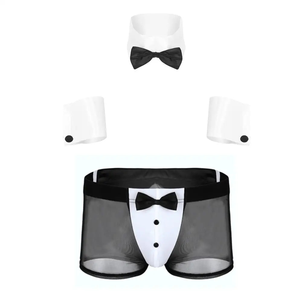 Men Erotic Tuxedo Uniform Waiter Sexy Halloween Role Play Costume Outfit Cute Briefs With Bowknot Collar Cuff Sissy