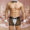 Man wearing a tuxedo-themed underwear set with bow ties on a pink background