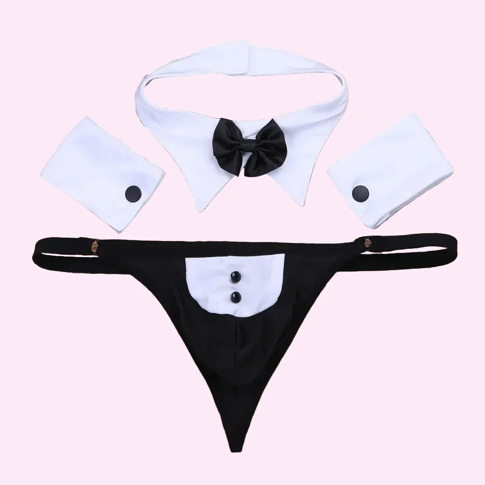 Men Erotic Tuxedo Uniform Waiter Sexy Halloween Role Play Costume Outfit Cute Briefs With Bowknot Collar Cuff Sissy
