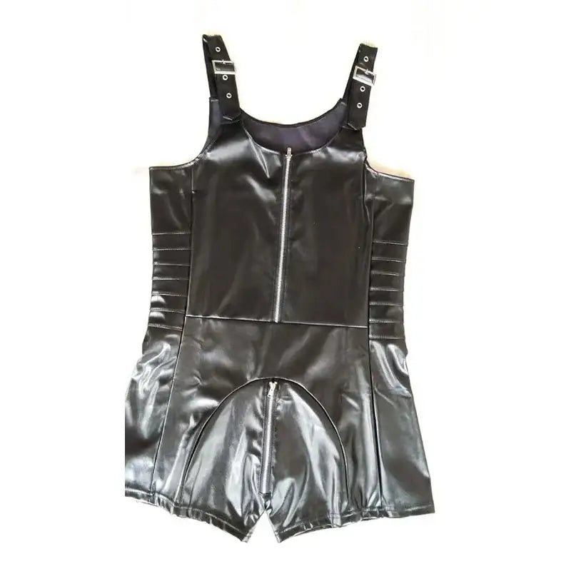 Male Maid Leather-Style Zipper Bodysuit Outfit - Outfit
