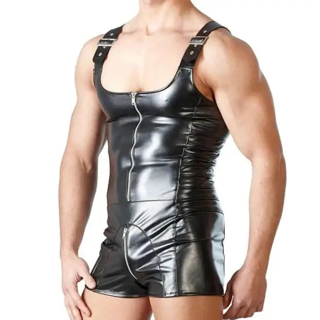 Man wearing a black leather outfit on a white background