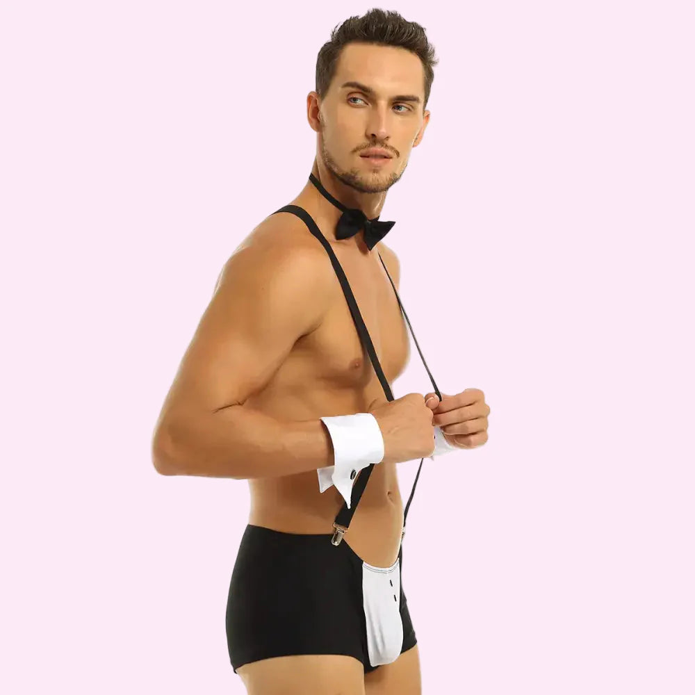 Men Erotic Tuxedo Uniform Waiter Sexy Halloween Role Play Costume Outfit Cute Briefs With Bowknot Collar Cuff Sissy