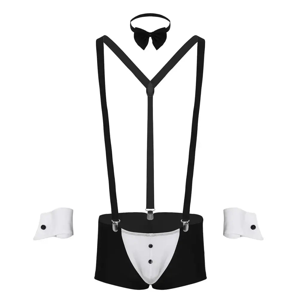 Men Erotic Tuxedo Uniform Waiter Sexy Halloween Role Play Costume Outfit Cute Briefs With Bowknot Collar Cuff Sissy