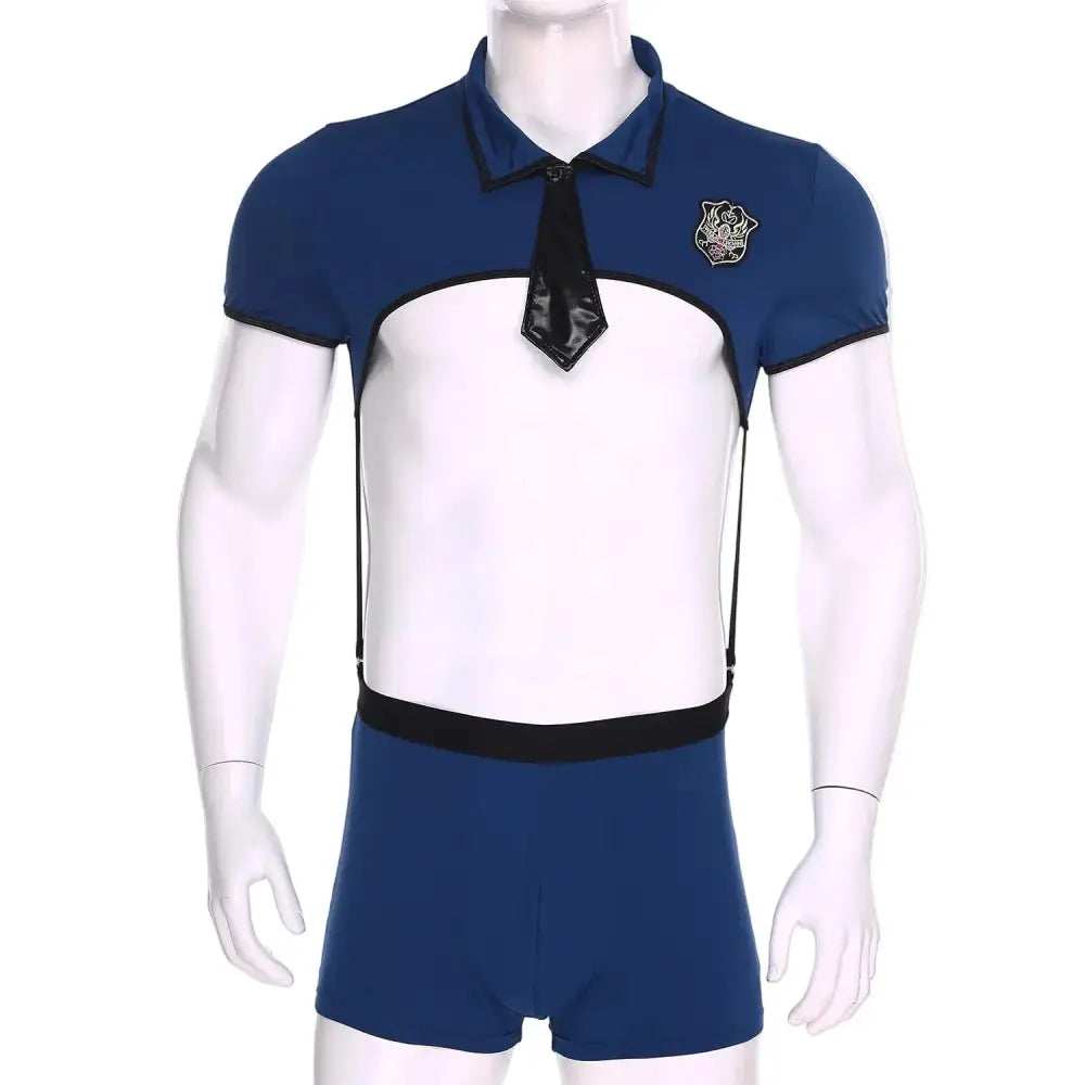 Mannequin wearing a blue and white uniform with a cap on a white background