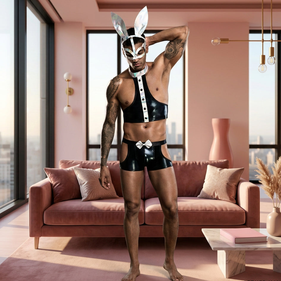 Male Sexy Cosplay Bunny Boy PU Lingerie Costumes Man Night Club Role Play Waiter Uniform Erotic Hormone Rabbit Outfit