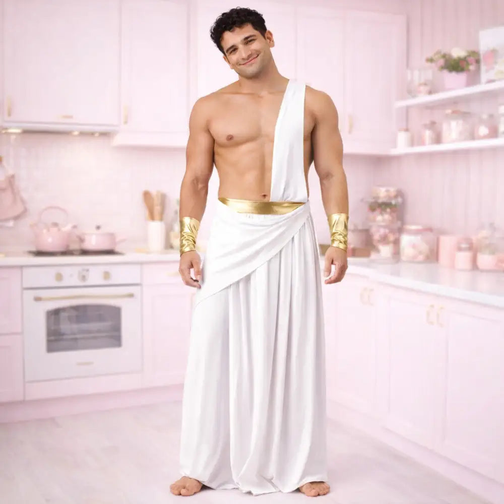 Man in a white toga with gold accents standing in a kitchen.