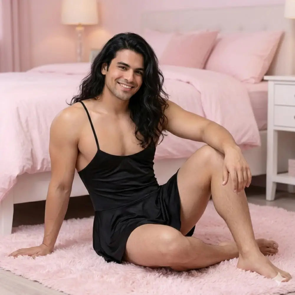 Man in a black slip sitting on a pink carpet in a bedroom.