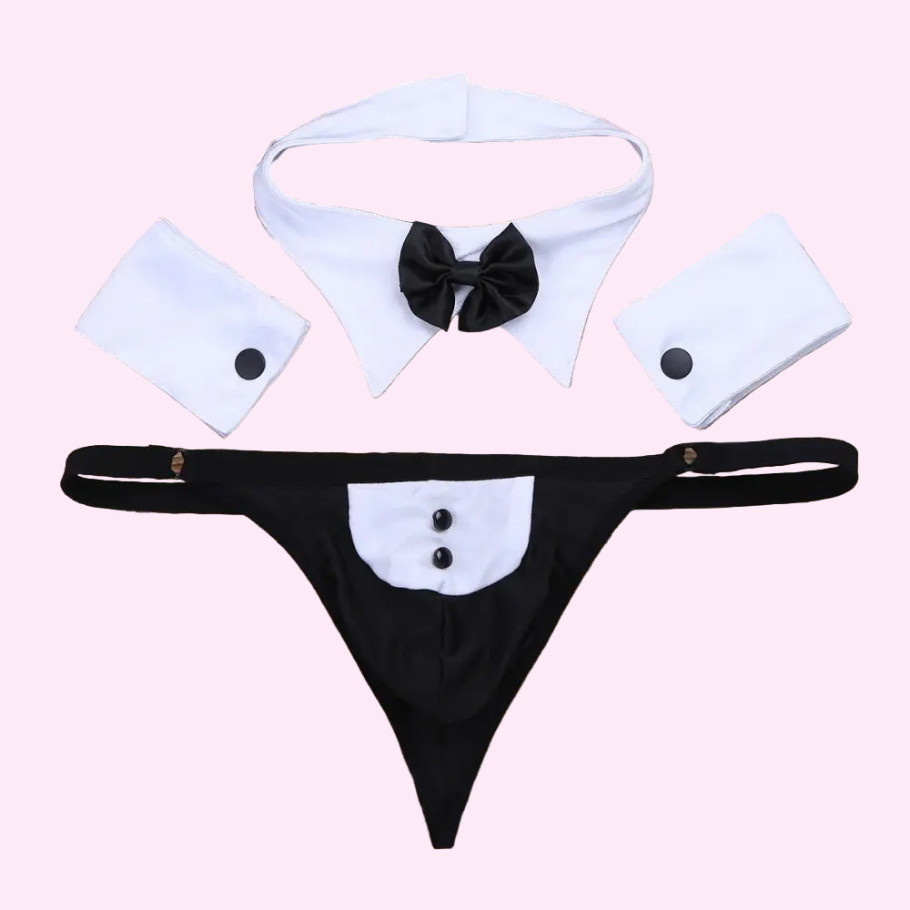Men Erotic Tuxedo Uniform Waiter Sexy Halloween Role Play Costume Outfit Cute Briefs With Bowknot Collar Cuff Sissy