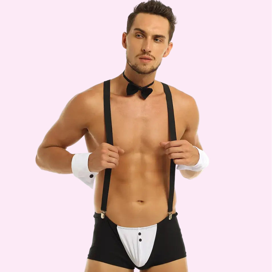 Men Erotic Tuxedo Uniform Waiter Sexy Halloween Role Play Costume Outfit Cute Briefs With Bowknot Collar Cuff Sissy